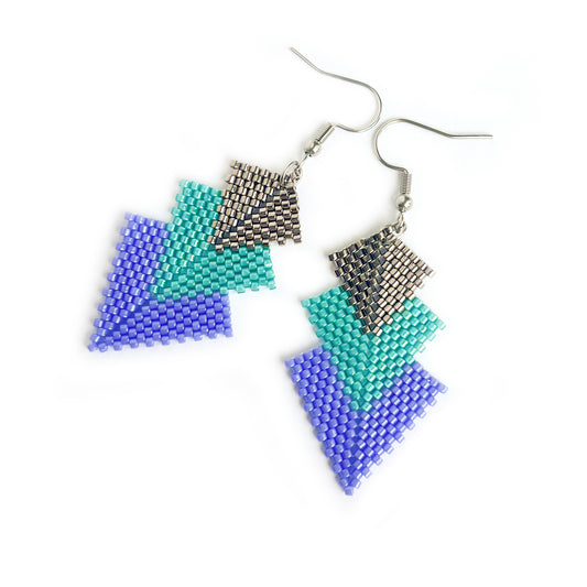 Cercei geometrici lungi albastru violet si turcoaz